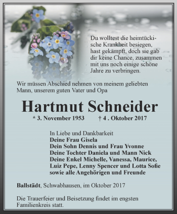 Traueranzeige von Hartmut Schneider von Ostthüringer Zeitung, Thüringische Landeszeitung