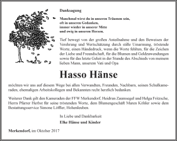 Traueranzeige von Hasso Hänse von Ostthüringer Zeitung