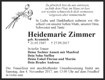 Traueranzeige von Heidemarie Zimmer von Thüringer Allgemeine