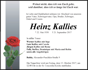 Traueranzeige von Heinz Kallies von Thüringer Allgemeine, Thüringische Landeszeitung