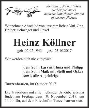 Traueranzeige von Heinz Köllner von Thüringer Allgemeine