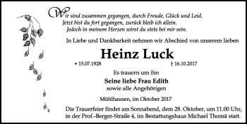 Traueranzeige von Heinz Luck von Thüringer Allgemeine, Thüringische Landeszeitung