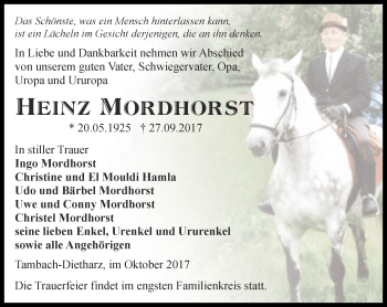 Traueranzeige von Heinz Mordhorst von Ostthüringer Zeitung, Thüringische Landeszeitung