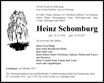 Traueranzeige von Heinz Schomburg von Thüringer Allgemeine