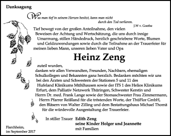 Traueranzeige von Heinz Zeng von Thüringer Allgemeine, Thüringische Landeszeitung