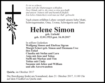 Traueranzeige von Helene Simon von Ostthüringer Zeitung