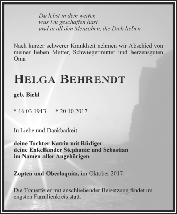 Traueranzeige von Helga Behrendt von Ostthüringer Zeitung