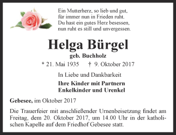 Traueranzeige von Helga Bürgel von Thüringer Allgemeine, Thüringische Landeszeitung