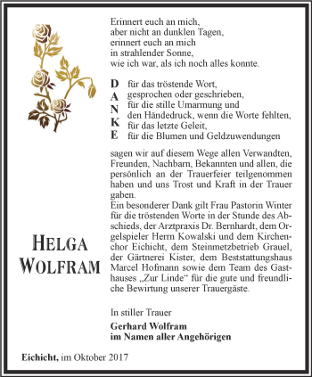 Traueranzeige von Helga Wolfram von Ostthüringer Zeitung