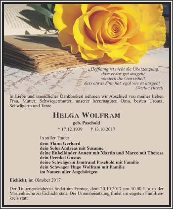 Traueranzeige von Helga Wolfram von Ostthüringer Zeitung