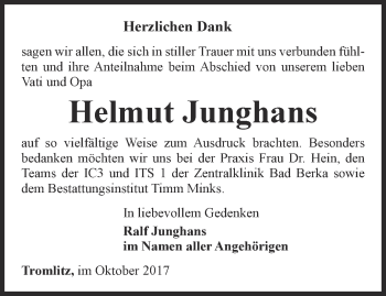 Traueranzeige von Helmut Junghans von Thüringer Allgemeine, Thüringische Landeszeitung