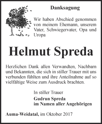 Traueranzeige von Helmut Spreda von Ostthüringer Zeitung