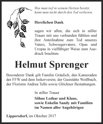 Traueranzeige von Helmut Sprenger von Ostthüringer Zeitung