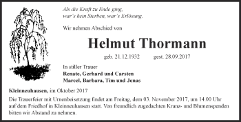 Traueranzeige von Helmut Thormann von Thüringer Allgemeine