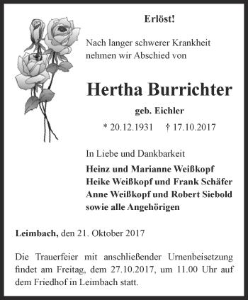 Traueranzeige von Hertha Burrichter von Thüringer Allgemeine