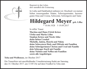 Traueranzeige von Hildegard Meyer von Thüringer Allgemeine