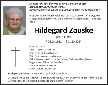 Traueranzeige von Hildegard Zauske von Thüringer Allgemeine