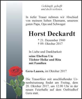 Traueranzeige von Horst Deckardt von Ostthüringer Zeitung