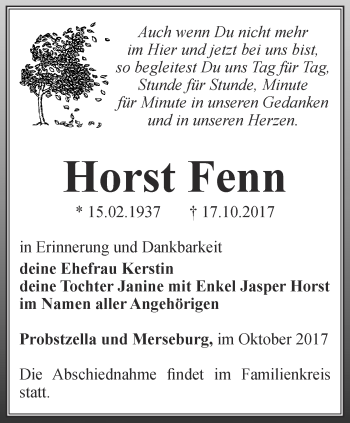 Traueranzeige von Horst Fenn von Ostthüringer Zeitung