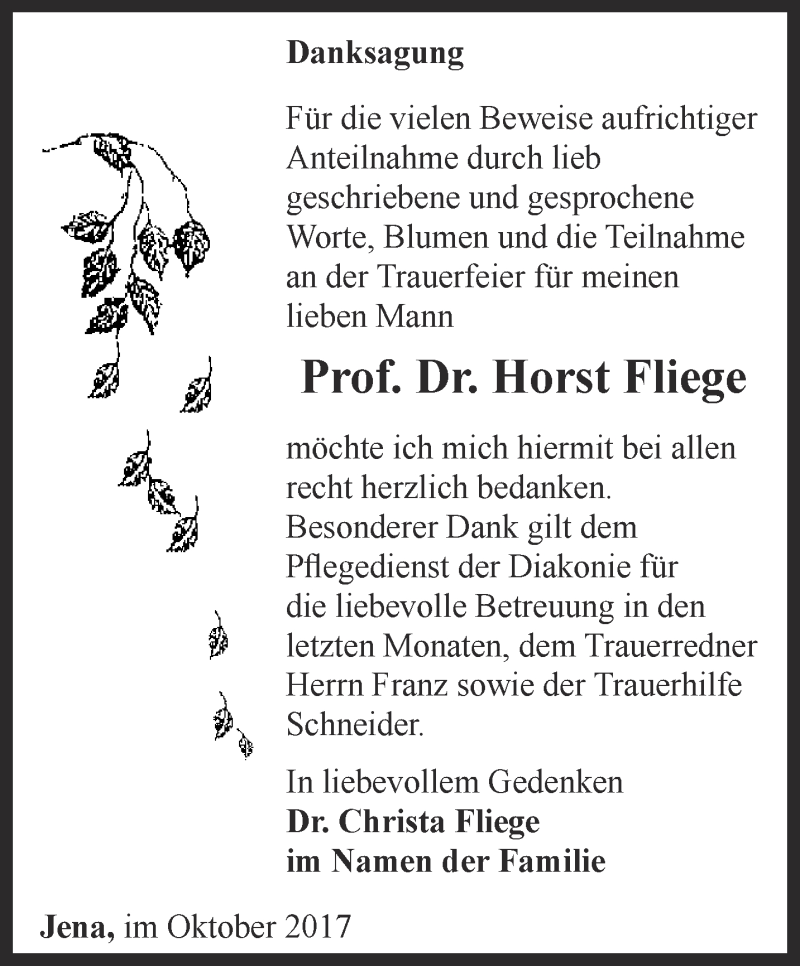  Traueranzeige für Horst Fliege vom 14.10.2017 aus Ostthüringer Zeitung, Thüringische Landeszeitung