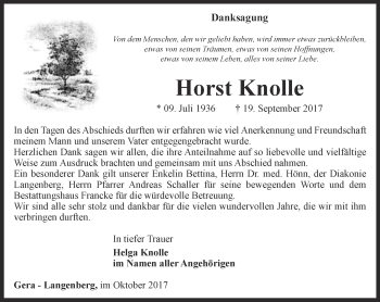 Traueranzeige von Horst Knolle von Ostthüringer Zeitung