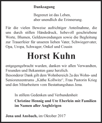 Traueranzeige von Horst Kuhn von Ostthüringer Zeitung, Thüringische Landeszeitung