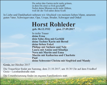 Traueranzeige von Horst Rohleder