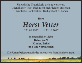 Traueranzeige von Horst Vetter von Ostthüringer Zeitung