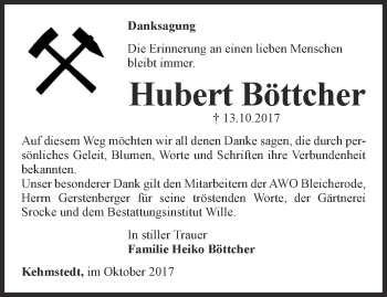 Traueranzeige von Hubert Böttcher von Thüringer Allgemeine