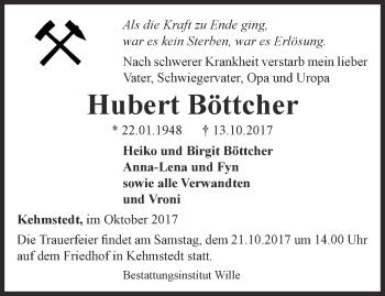 Traueranzeige von Hubert Böttcher von Thüringer Allgemeine