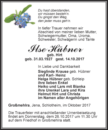 Traueranzeige von Ilse Hübner von Thüringer Allgemeine, Thüringische Landeszeitung