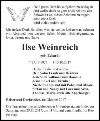 Traueranzeige von Ilse Weinreich von Thüringer Allgemeine, Thüringische Landeszeitung