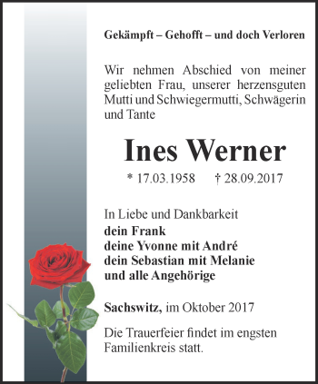 Traueranzeige von Ines Werner von Ostthüringer Zeitung