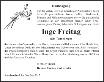 Traueranzeige von Inge Freitag von Ostthüringer Zeitung, Thüringische Landeszeitung