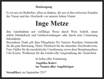 Traueranzeige von Inge Metze von Thüringer Allgemeine