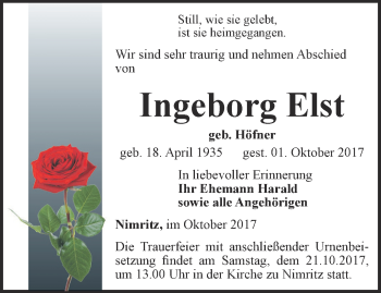 Traueranzeige von Ingeborg Elst von Ostthüringer Zeitung