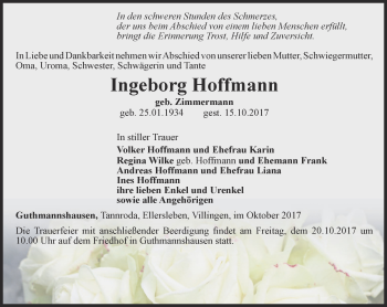 Traueranzeige von Ingeborg Hoffmann von Thüringer Allgemeine