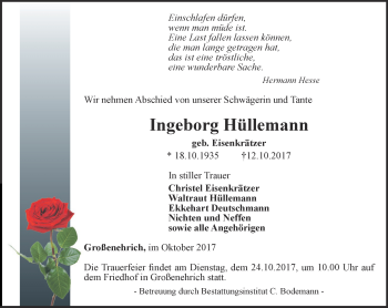 Traueranzeige von Ingeborg Hüllemann von Thüringer Allgemeine