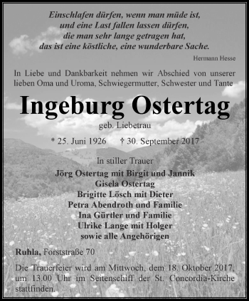 Traueranzeige von Ingeburg Ostertag von Thüringer Allgemeine, Thüringische Landeszeitung