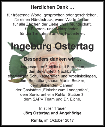 Traueranzeige von Ingeburg Ostertag von Thüringer Allgemeine, Thüringische Landeszeitung