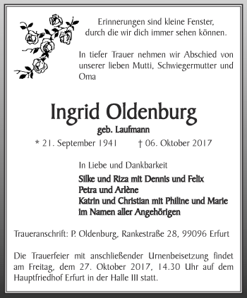 Traueranzeige von Ingrid Oldenburg von Thüringer Allgemeine, Thüringische Landeszeitung