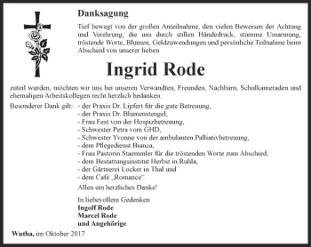 Traueranzeige von Ingrid Rode von Thüringer Allgemeine, Thüringische Landeszeitung