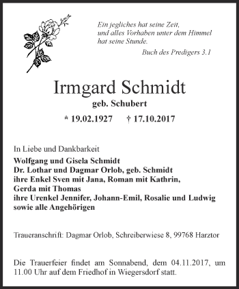 Traueranzeige von Irmgard Schmidt von Thüringer Allgemeine