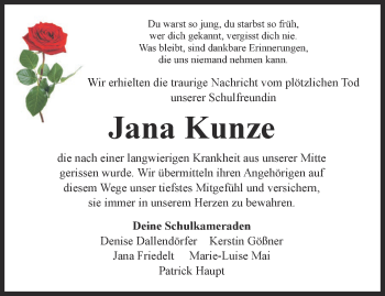 Traueranzeige von Jana Kunze von Ostthüringer Zeitung