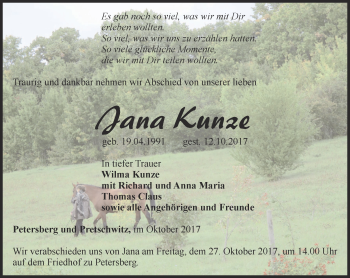 Traueranzeige von Jana Kunze von Ostthüringer Zeitung