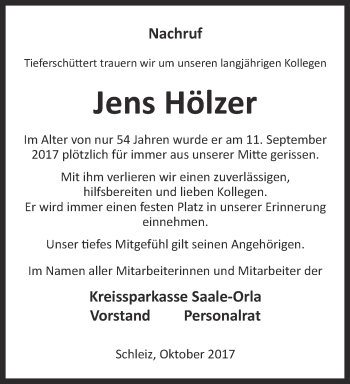 Traueranzeige von Jens Hölzer von Ostthüringer Zeitung