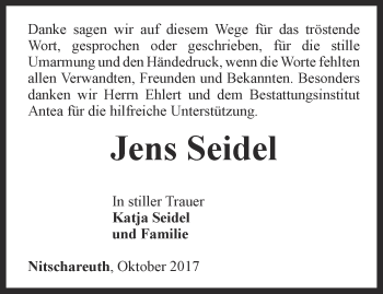 Traueranzeige von Jens Seidel von Ostthüringer Zeitung