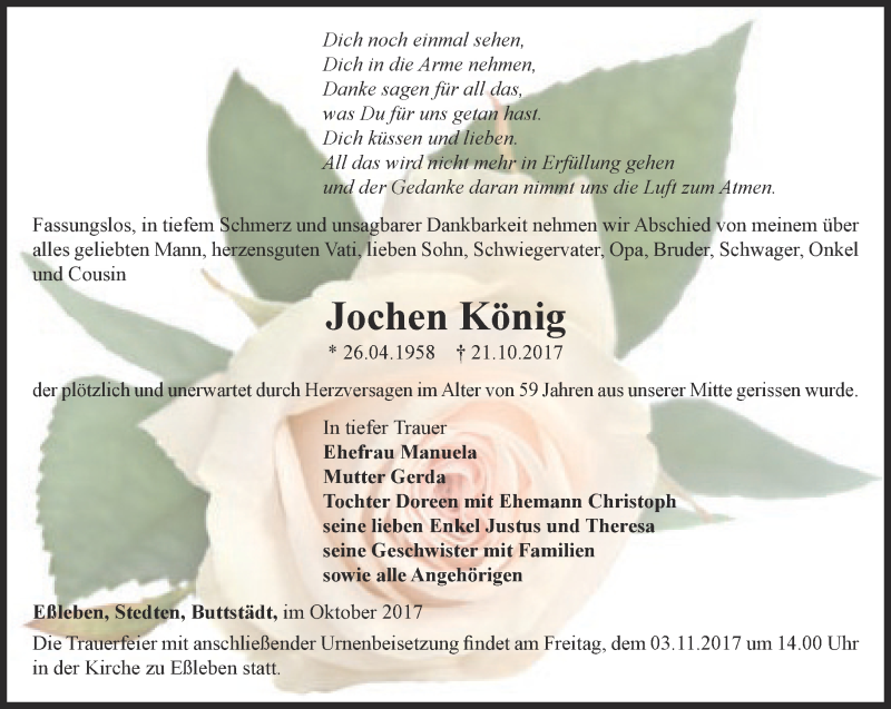  Traueranzeige für Jochen König vom 27.10.2017 aus Thüringer Allgemeine