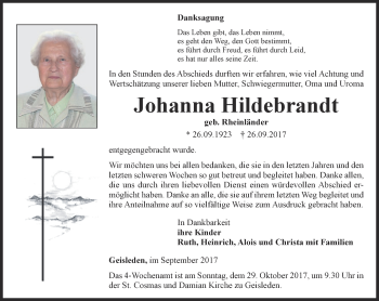 Traueranzeige von Johanna Hildebrandt von Thüringer Allgemeine