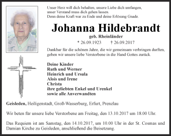 Traueranzeige von Johanna Hildebrandt von Thüringer Allgemeine